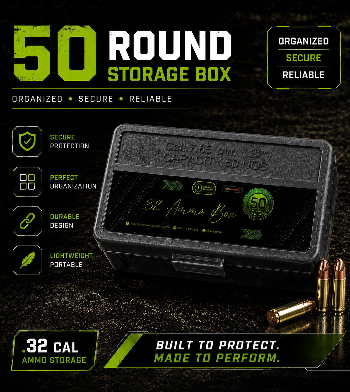 Flip-Top Ammo Carry Box .32 Cal 50 Round Storage Case