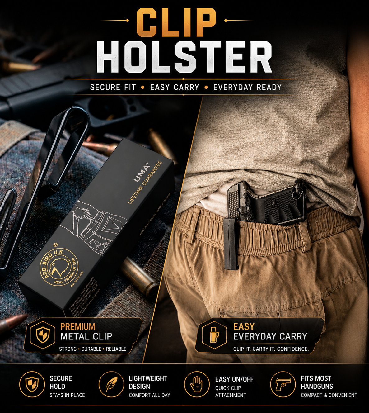 Universal metal gun clip holster for pistols and revolvers with concealed carry tactical design