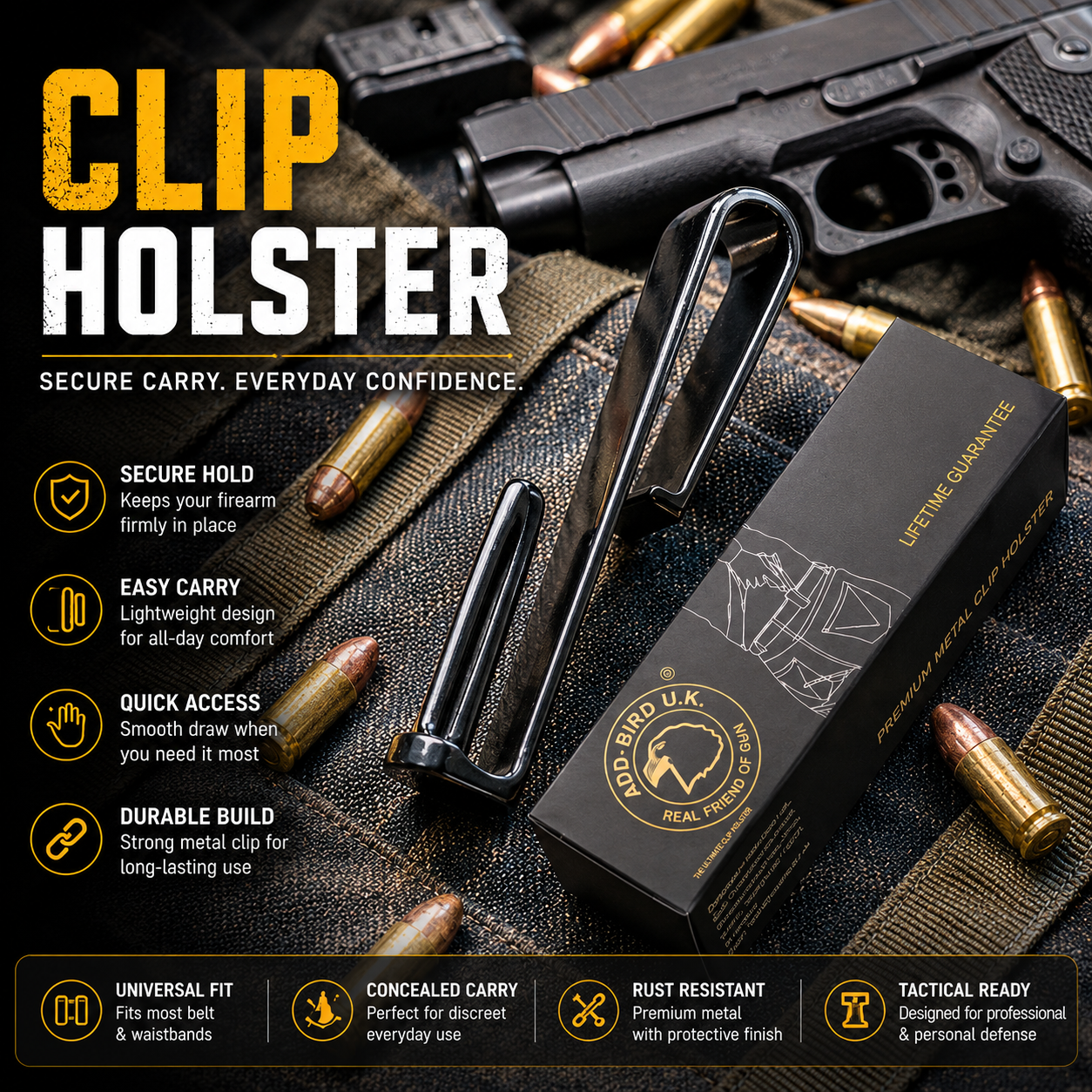 Universal metal gun clip holster for pistols and revolvers with concealed carry tactical design