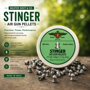 Stinger Air Gun Pellets .177 Cal 4.5mm premium pellets with open pellet box on textured surface