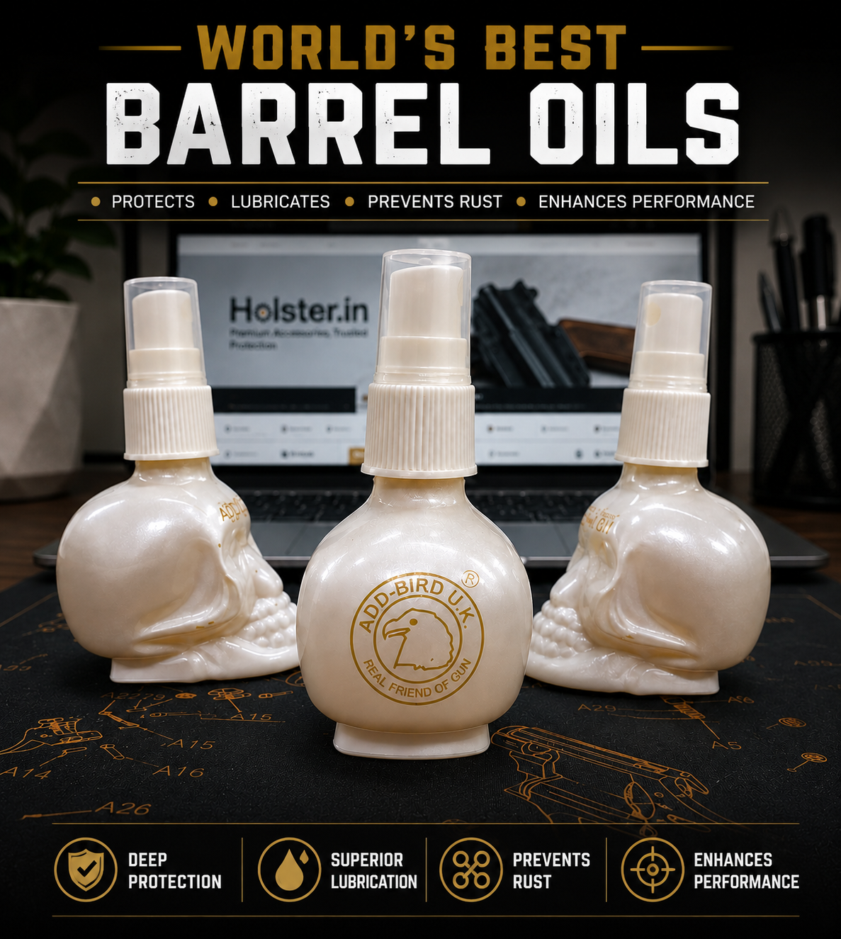 Premium skull-shaped barrel oil spray bottles for firearm cleaning and lubrication
