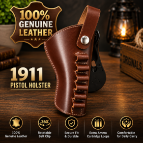 Premium Black 1911 Pistol Holster with Textured Finish, Golden Stitching and Cartridge Loops
