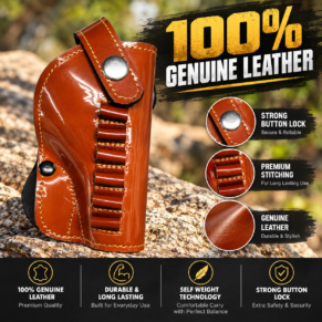 Brown .32 Bore Pistol Cover with Glossy Finish, Contrast Stitching, Button Closure and Cartridge Loops