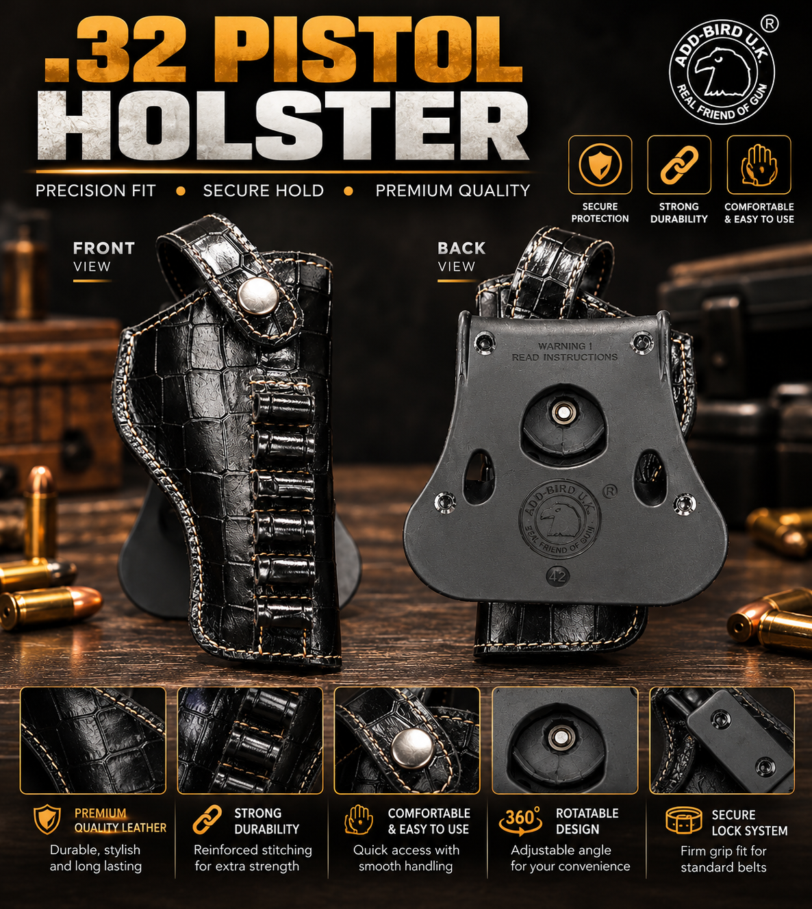 Black textured .32 bore pistol holster with snap button closure and belt clip