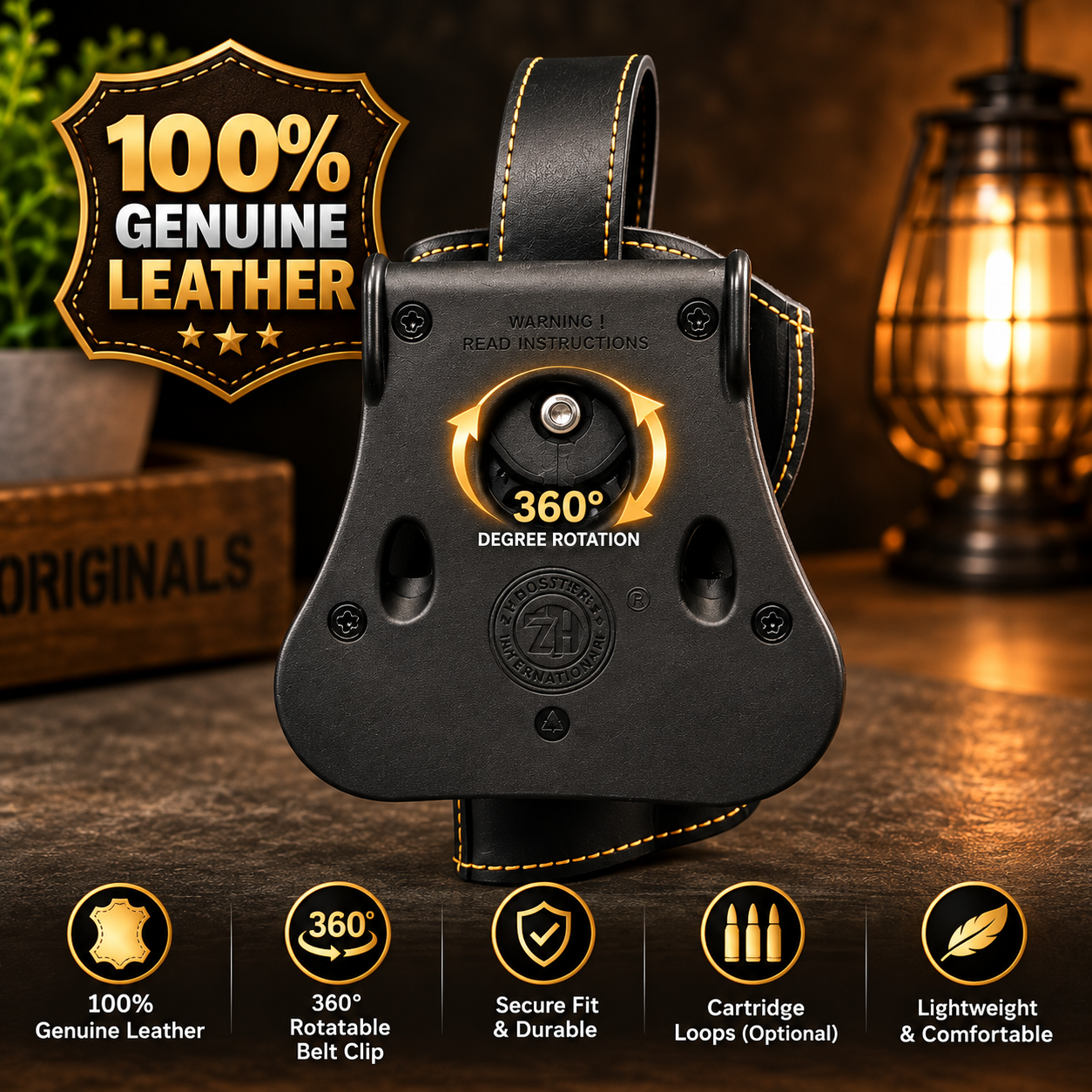 Premium Black 1911 Pistol Holster with Textured Finish, Golden Stitching and Cartridge Loops