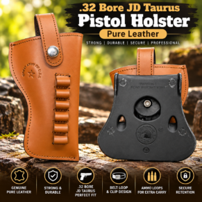 Tan Brown .32 Bore JD Taurus Pistol Holster with Snap Button, Belt Attachment and Cartridge Loops