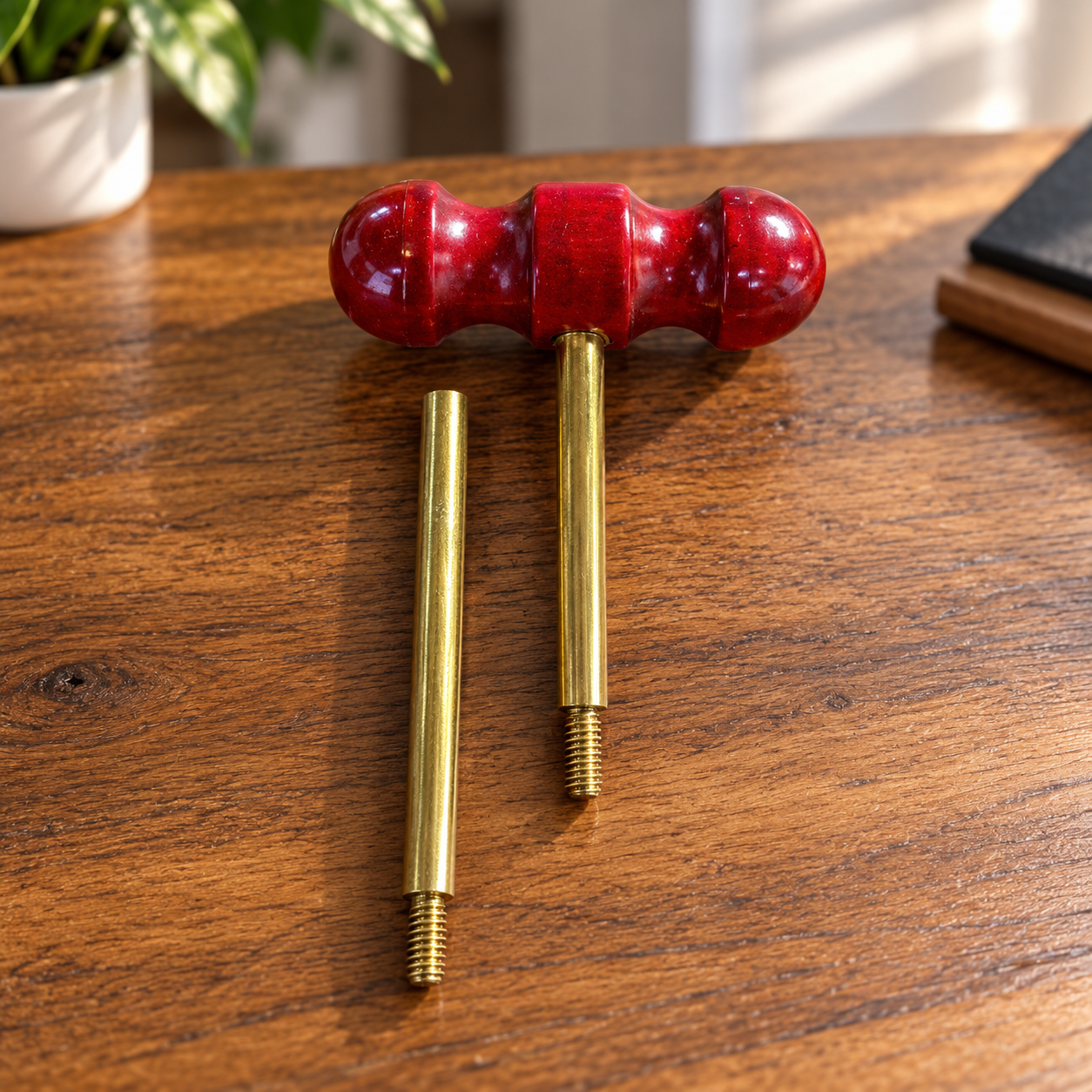 .45 bore cleaning rod kit with three brushes, brass-colored rods, red T-handle and transparent storage case