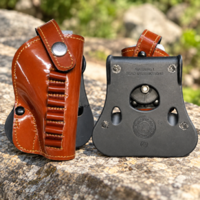 Brown .32 Bore Pistol Cover with Glossy Finish, Contrast Stitching, Button Closure and Cartridge Loops