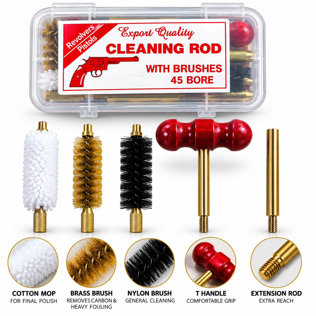 .45 bore cleaning rod kit with three brushes, brass-colored rods, red T-handle and transparent storage case