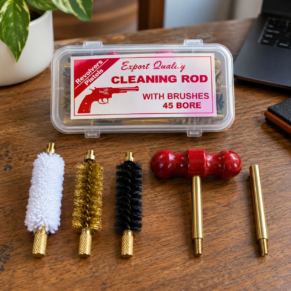 .45 bore cleaning rod kit with three brushes, brass-colored rods, red T-handle and transparent storage case
