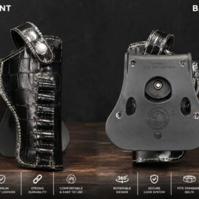 Black textured .32 bore pistol holster with snap button closure and belt clip