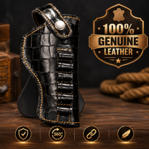 Black textured .32 bore pistol holster with snap button closure and belt clip